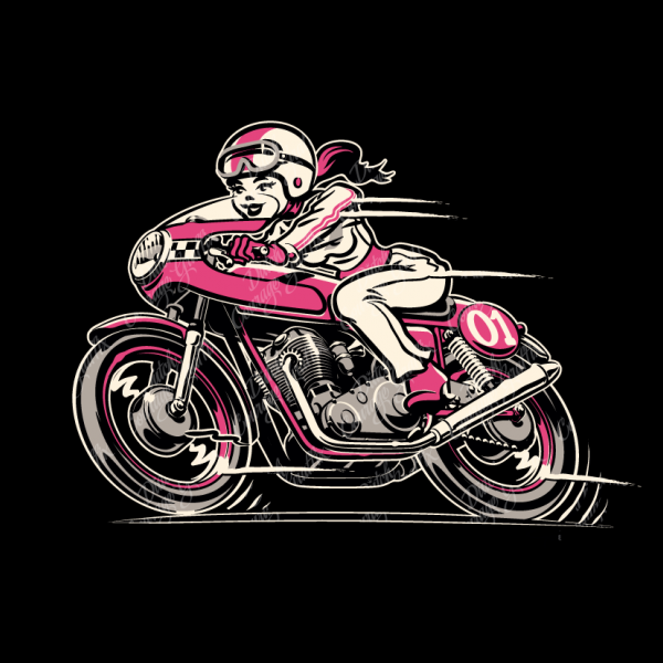 Classic Cafe Racer Bike Girl Cartoon