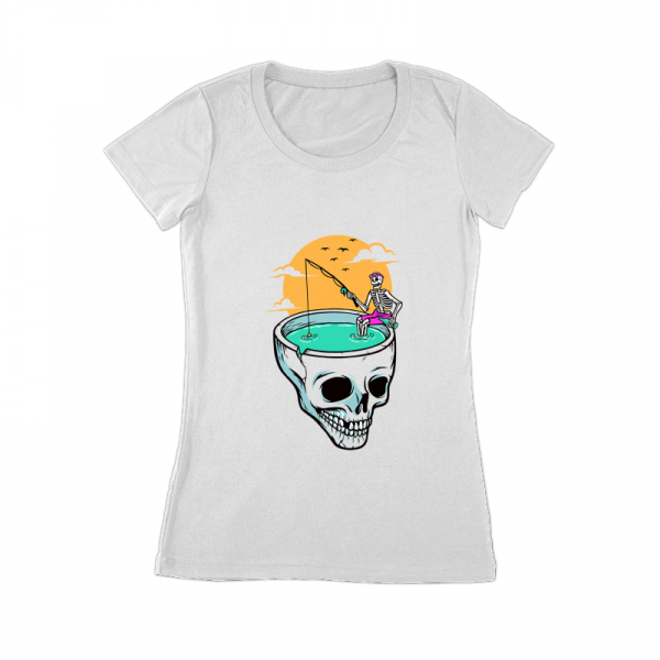 Design a fish-skull-t-shirt with crossed fishing rod and landing